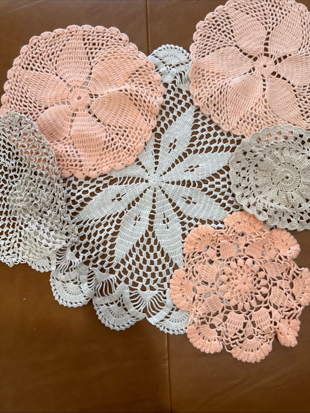 Vintage Crochet Doily Lot of 6 Peach White Off-White Handmade Lace Table Decor